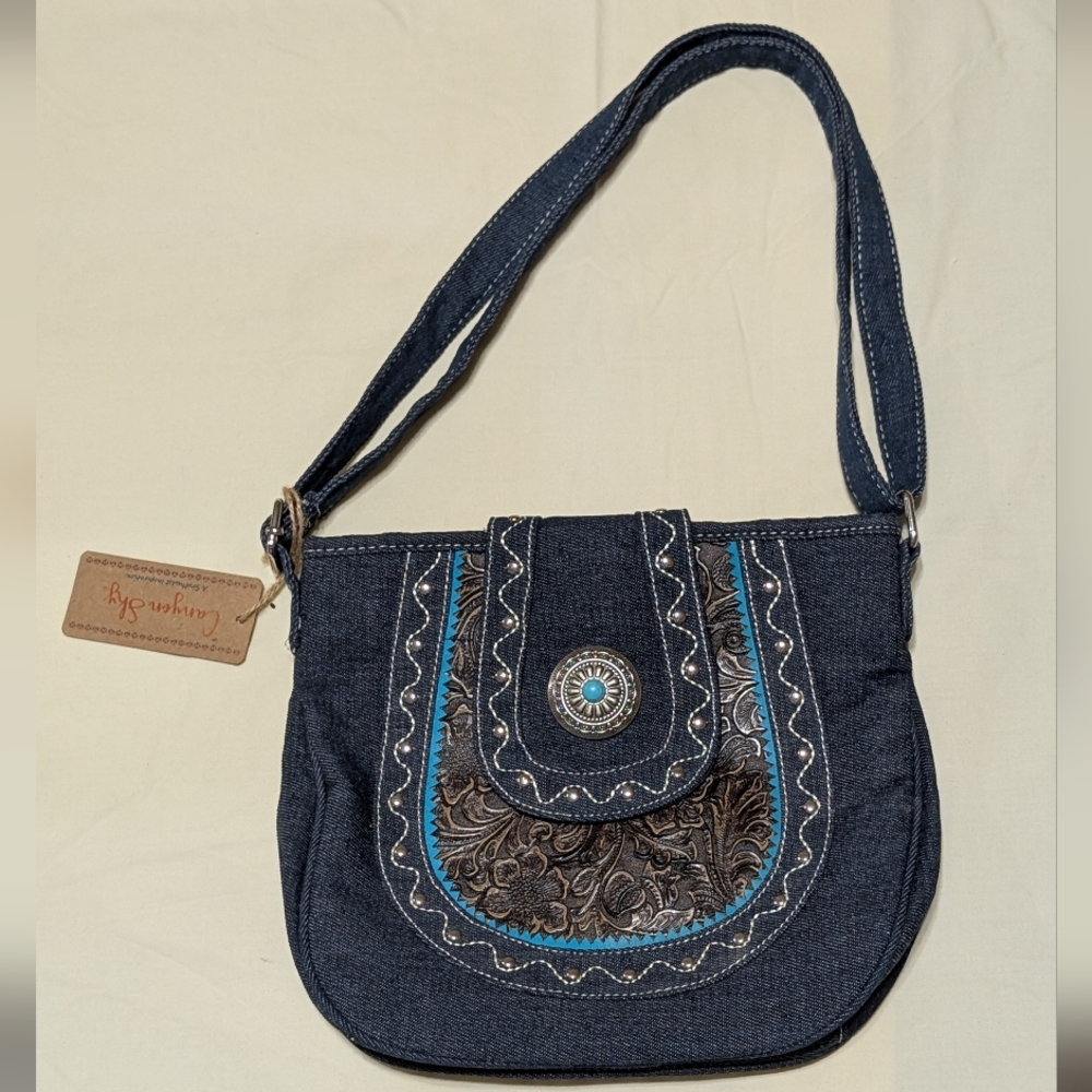 NWT Canyon Sky Denim Shoulder Purse with Adjustable Faux Leather Strap SW Design